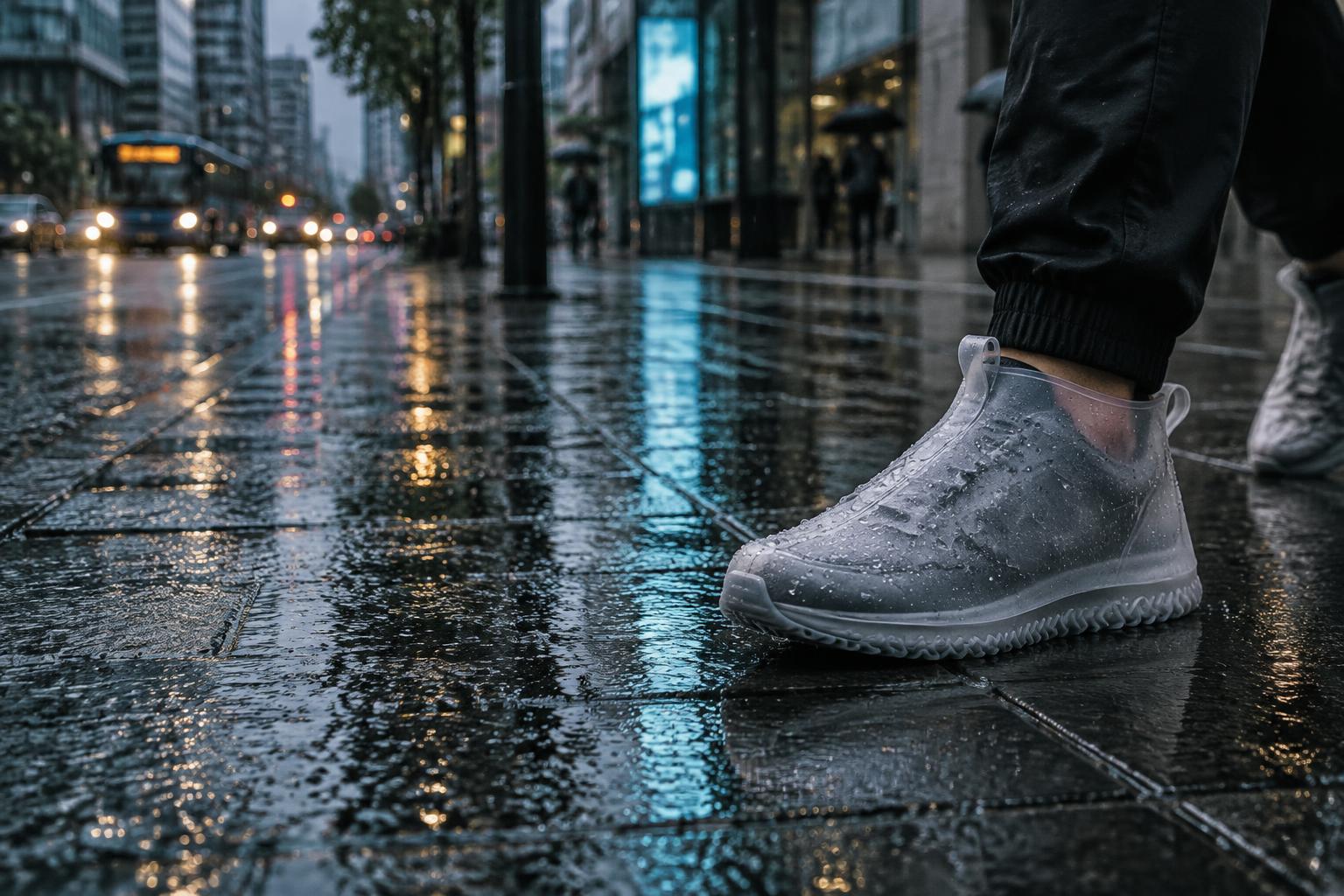 Tênis com capa de silicone em calçada molhada pela chuva